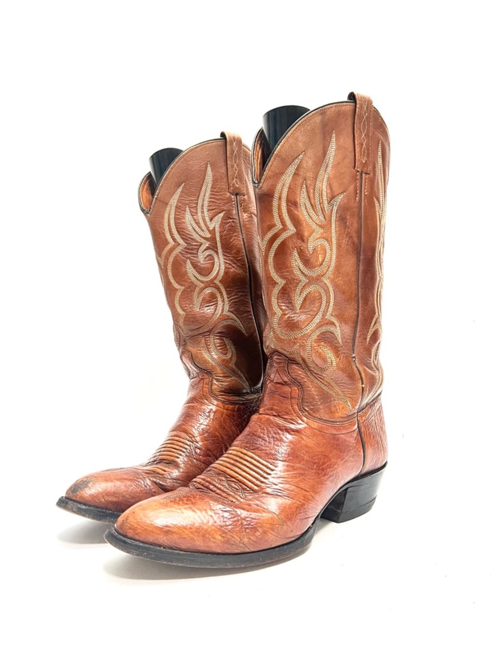 Vintage 1990s men's brown leather western stitched pull on mid calf cowboy boots